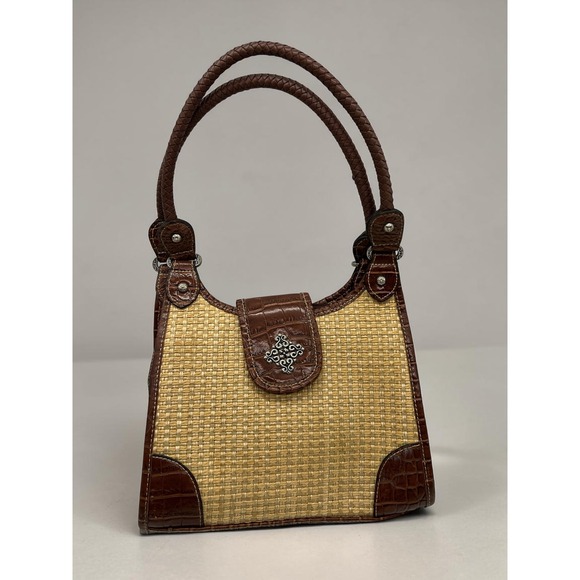Handbags - Straw Woven Shoulder Bag Boho Resort Coastal Brown Faux Croc Jute Vinyl Medium